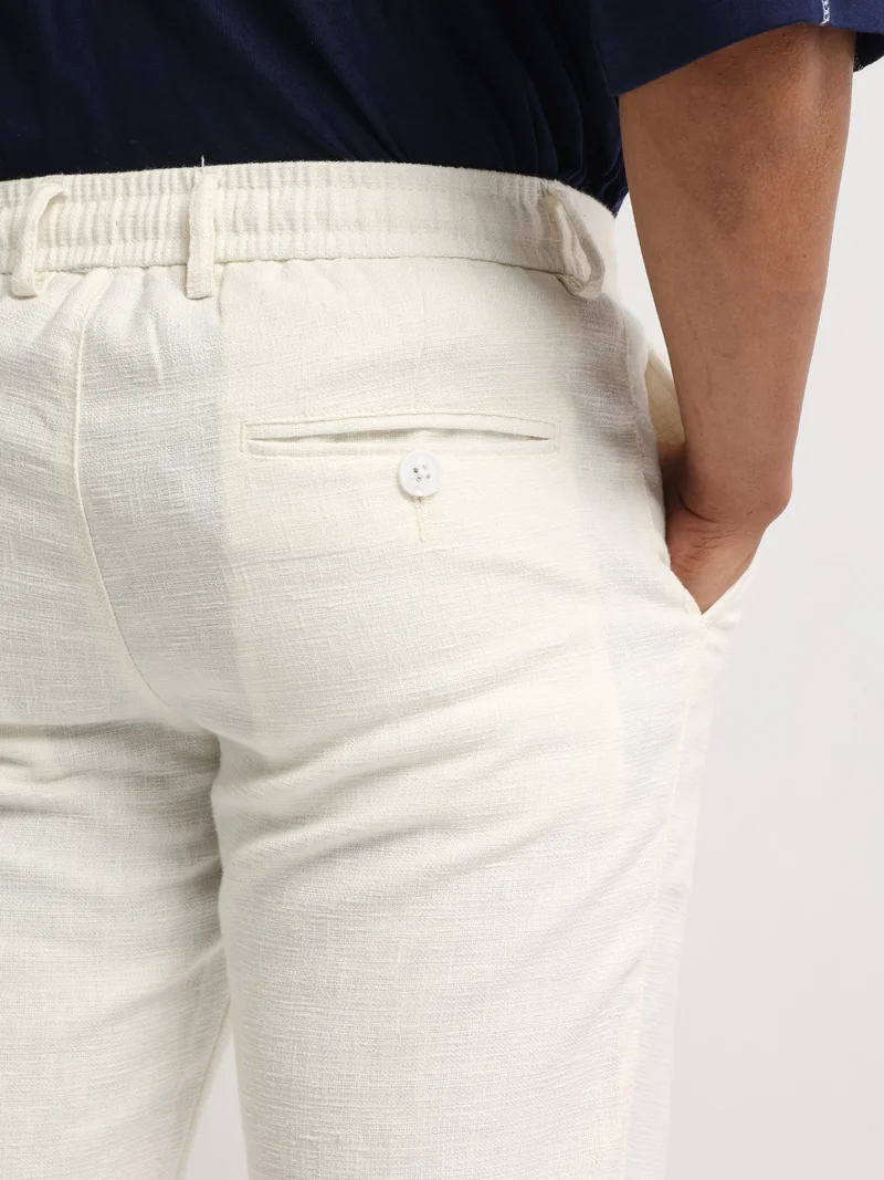 Maniac  Maniac Mens Solid White Elastic Linen Cotton Blend Trouser for Men | Best Price UAE